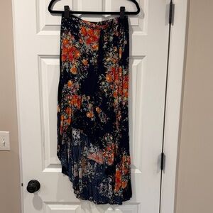 On The Road Navy Floral High-Low Skirt with Orange and Pink Blooms